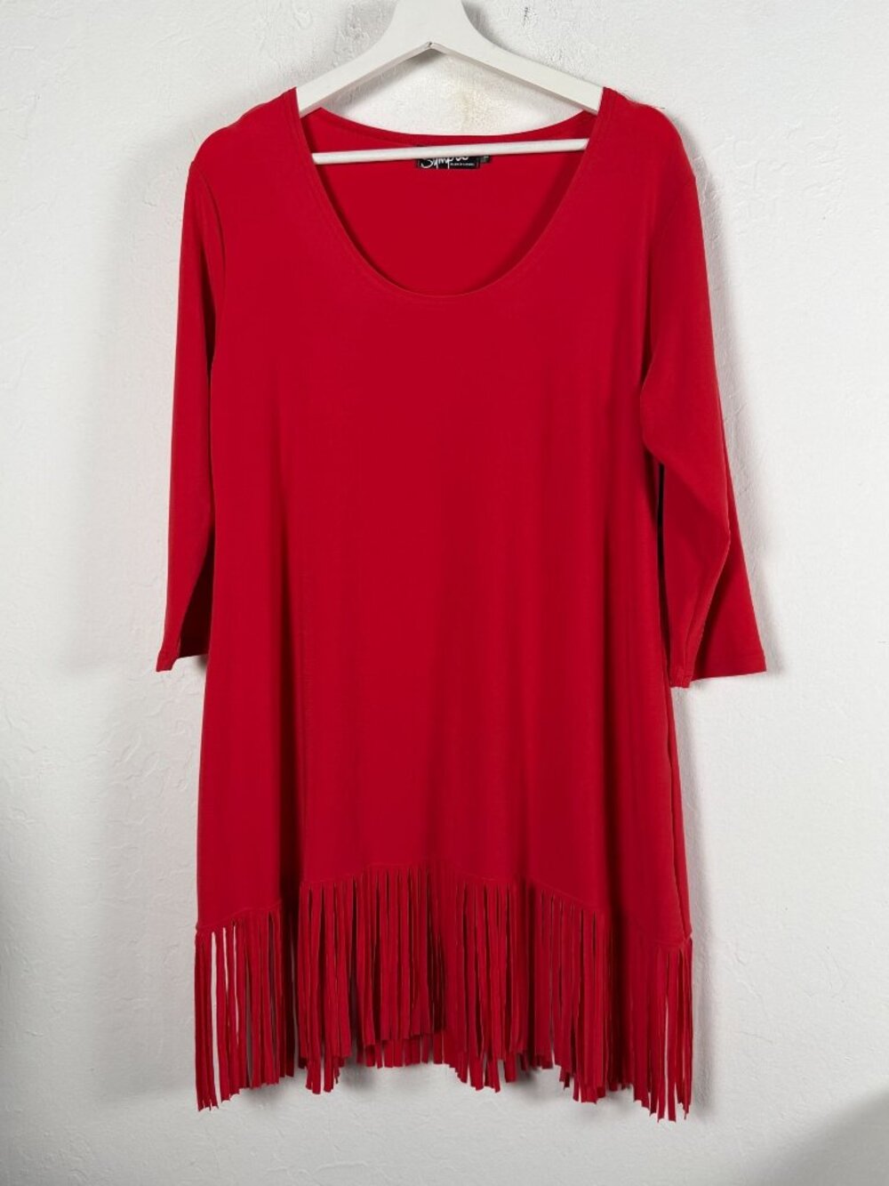 Sympli Red Jersey Knit Fringe 3/4 Sleeve Scoop Neck Tunic Top 10 Lagenlook New